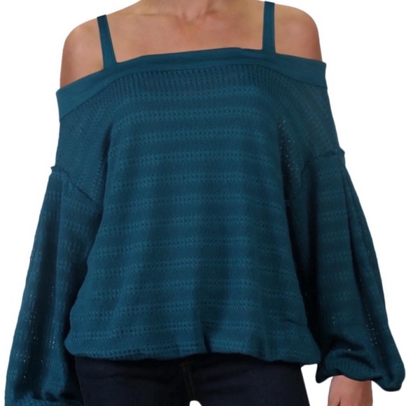 FREE PEOPLE • Teal Off-Shoulder Sistine Hacci Sweater Cold-Shoulder Top - Picture 7 of 9